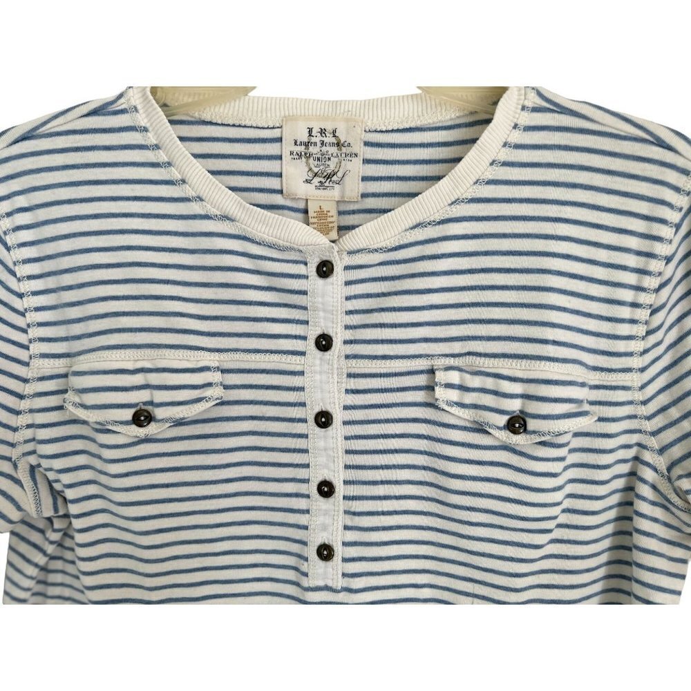Lauren Jeans Cotton Henley T-Shirt Blue White Stripes Pockets Short Sleeve - Picture 4 of 6